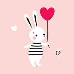 Cute Hare Holding Heart Balloon as Valentine Day Celebration Vector Illustration