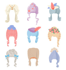 Set of historical women wigs or hairstyles.