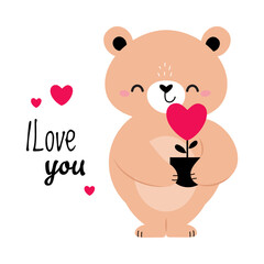 Brown Bear Holding Pot with Flowering Heart as Valentine Day Celebration Vector Illustration