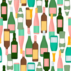 Seamless pattern on a white background: lots of alcohol bottles of different shapes, sizes and colors. - 398651000