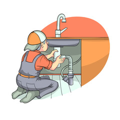 a male plumber installs a new siphon under the sink