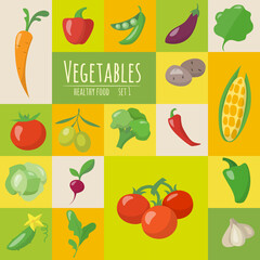 Vegetables icons set food poster in flat style.