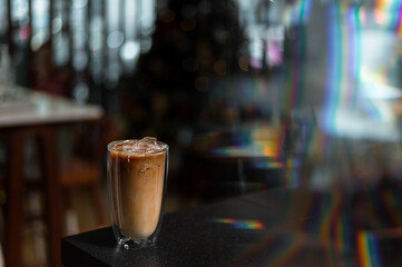 iced coffee latte on christmas holidays display background 
