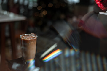 iced coffee latte on christmas holidays display background 