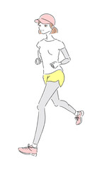 ジョギングしてる若い女性のイラスト。健康の為に走ってる女性。