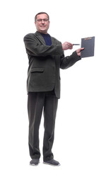 full length . smiling man pointing at blank clipboard.