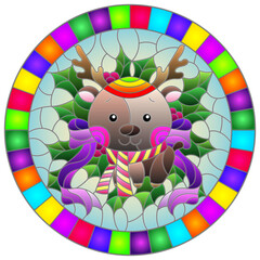 Illustration in stained glass style on the theme of the winter holidays of Christmas and New year, a toy deer on the background of Holly branches, round image in bright frame