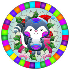 Illustration in stained glass style on the theme of the winter holidays of Christmas and New year, a toy raccoo on the background of Holly branches, round image in bright frame
