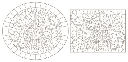 Set of contour illustrations of stained glass Windows on the theme of Halloween with pumpkins , dark contours on a white background