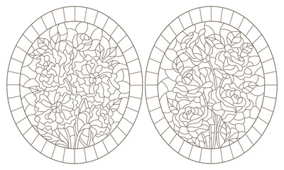 Set of contour illustrations of stained glass Windows with bouquets of roses and peonies, dark outlines on a white background, oval images