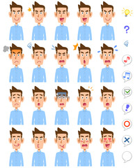 カジュアルなシャツを着た男性の20種類の表情と上半身
