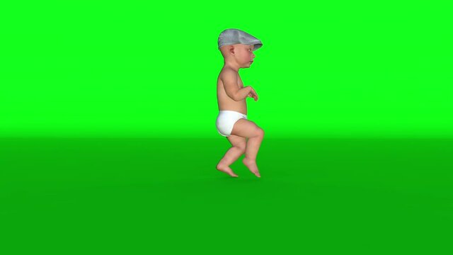 Baby with pampers tiptoe sneaking, side view, Green Screen and Luma Matte