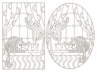 Set of contour illustrations in stained glass style with cats on the background of Windows, dark contours on a white background