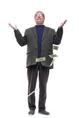full-length. casual man standing under the money rain.