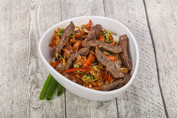 Rice with beef in oyster sauce