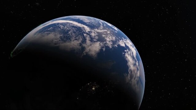 Beautiful sunrise over Earth. View from the space satellite. Cities at night. Change from Night to Day 3d Animation Rising Bright Sun. Modern business and technology concept. 4K Ultra HD.