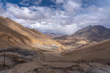 Spectacular painterly pastel view to the south from high-altitude Ak Baital pass, highest on the Pamir Highway, Murghab district  in Gorno-Badakshan, Tajikistan