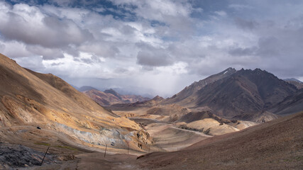 Naklejka na ściany i meble Scenic mountain landscape view at high altitude Ak Baital pass, highest on the Pamir Highway, Murghab, Gorno-Badakshan, Tajikistan