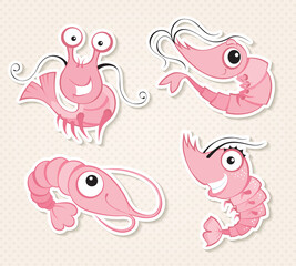 Cool shrimps stickers design characters in cartoon style.