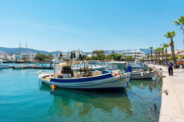 Fototapeta na wymiar Beautiful harbour view in Kos Island. Kos Island is a popular tourist destination in Greece.
