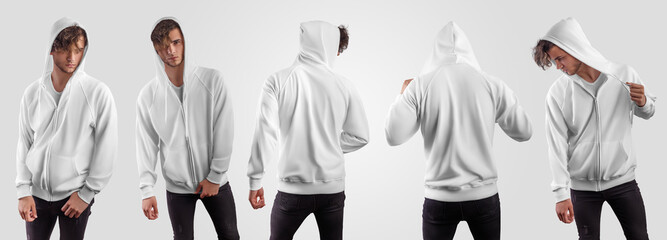 A mockup of a white hoodie on a guy, a sweatshirt with a zipper, with ties on the hood, pockets,...