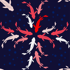 Chinese or Japanese seamless pattern Koi. Carp. Design with manual hatching. Textile. Vector illustration for web design or print.