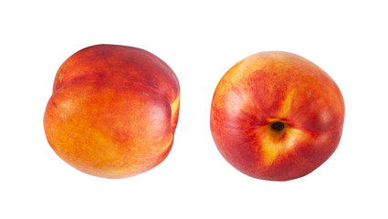 Peach or nectarine and peach slice with leaf on white background