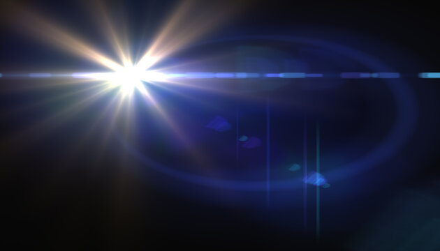 Abstract image of sun burst lighting flare.Beautiful digital lens flare in black background horizontal frame warm