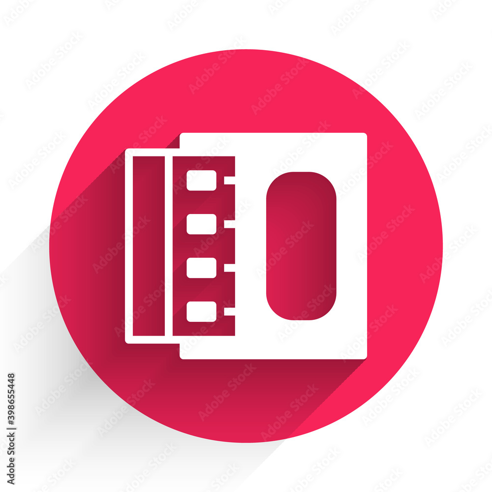 Poster white open matchbox and matches icon isolated with long shadow. red circle button. vector.