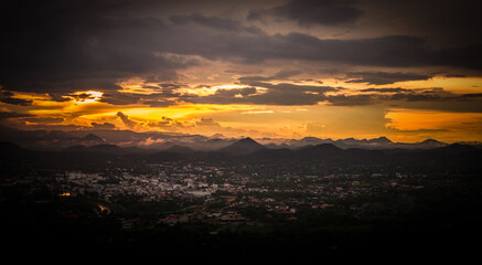 City evening with sunset in nature landscape