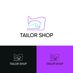 Initial w letter typography with sewing machine for tailor, craft, hand made, fashion business logo