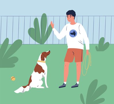 Male owner training his dog to command sit. Trainer teach obedient purebred spaniel in park. Cheerful man or cynologist with puppy on the playground. Flat vector cartoon illustration of trained pet