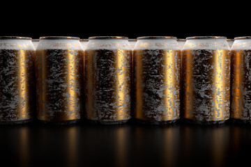 Group of frozen gold aluminum energy drink cans in a row front view