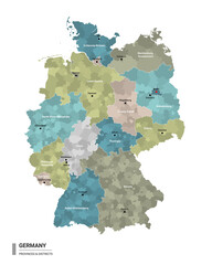 Germany higt detailed map with subdivisions. Administrative map of Germany with districts and cities name, colored by states and administrative districts. Vector illustration.