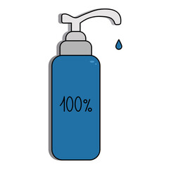 Antibacterial hand gel. 100% protection against bacteria, viruses and germs. Sanitizer for palm disinfection. Colored vector illustration. Isolated white background. Cartoon style Detergent bottle. 