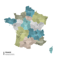 France higt detailed map with subdivisions. Administrative map of France with districts and cities name, colored by states and administrative districts. Vector illustration.
