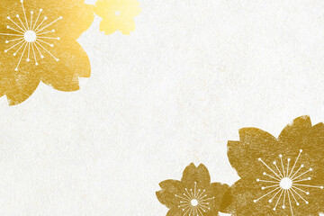 Background image of gold cherry blossom petals on white Japanese paper