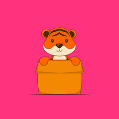 Fototapeta premium Cute Tiger Playing Box Cartoon