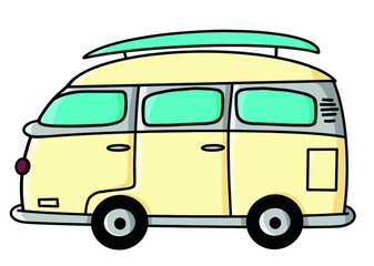 Yellow retro minivan, side view, vector. Vacation concept