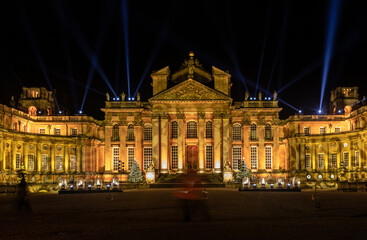 Fototapeta na wymiar Stately home in Oxfordshire illuminated for Christmas as part of the Christmas light trail.