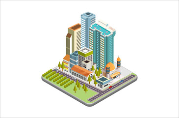Modern Isometric vector city with skyscrapers, people, streets and vehicles, commercial and business area infographic with icons, Suitable for Diagrams, Infographics,  And Other Graphic Related Assets