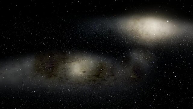 Exploration of galaxies through outer space towards a bright milky-way galaxy. 4K looping animation of flying through bright nebulae, clouds, and star fields. 