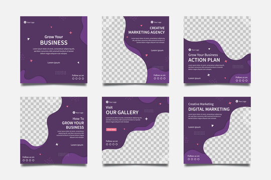 Set of Editable minimal square banner templates General Business Marketing. Purple background color. Suitable for social media post and web internet ads. Vector illustration with photo frame.