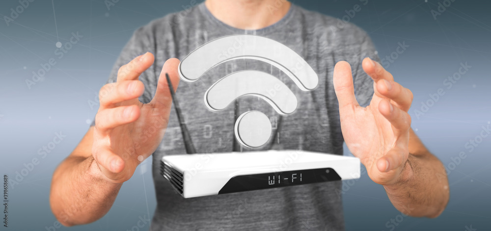 Poster businessman holding a wifi router and data - 3d rendering
