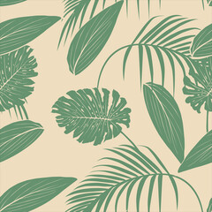 Fototapeta na wymiar Green plants with cream color background. Seamless pattern. Vector Illustration