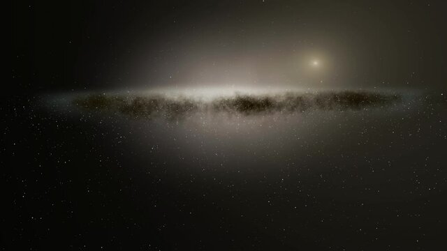 Exploration of galaxies through outer space towards a bright milky-way galaxy. 4K looping animation of flying through bright nebulae, clouds, and star fields. 