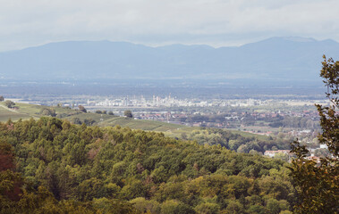 Badenweiler, station thermale en Forêt-Noire. Vue sur la plaine du Rhin, l'Alsace, les vosges et le Römerberg depuis le mirador 'Vogesenblick' dans le Parc thermal Kurfürstenpark'