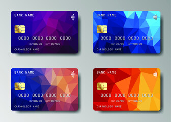 Realistic detailed credit cards set. Credit cards vector set with colorful abstract trendy design