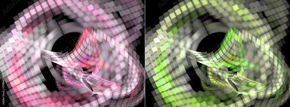 Poster a network of pink, white and green cells beautifully arranged against a black background. a set of a