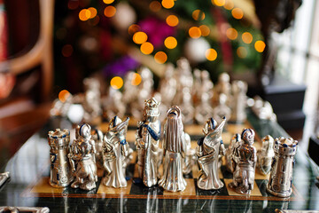collectible chessboard with original game figures. retro style.